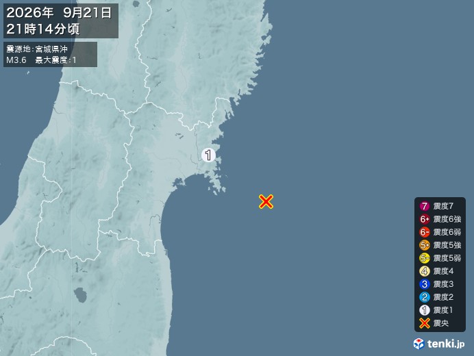 21時14分ごろ、Ｍ３．６　宮城県沖 北緯38.2度　東経142
