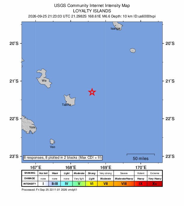 ＵＳＧＳ、6時23分03秒　Ｍ７．０→Ｍ６．６　ロイヤルティ諸島
