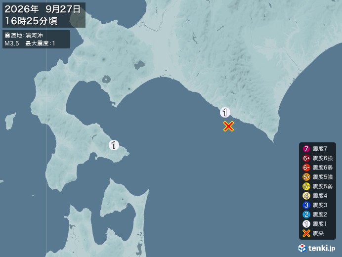 16時25分ごろ、Ｍ３．５　浦河沖 北緯42.1度　東経142.