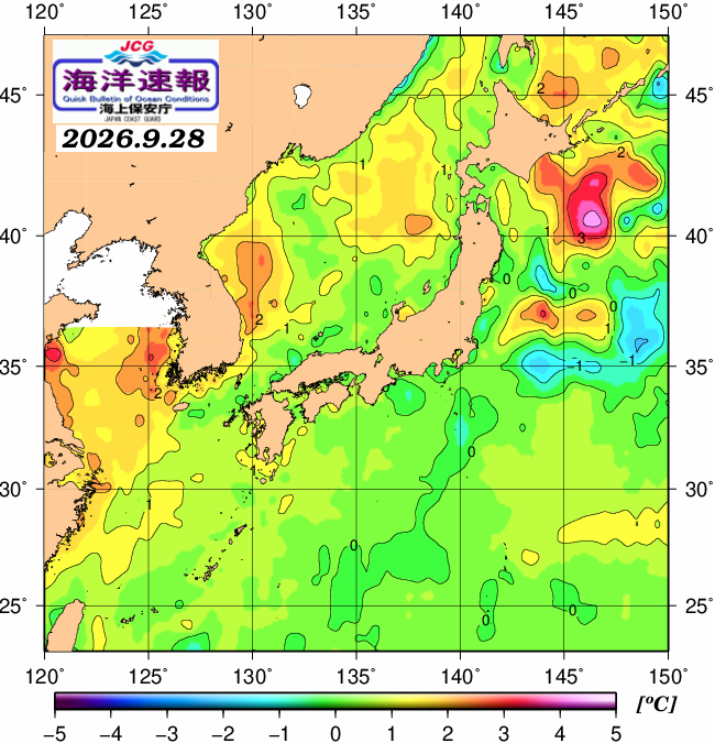 ９月２８日の、海水表面温度（平年比）、 https://www1