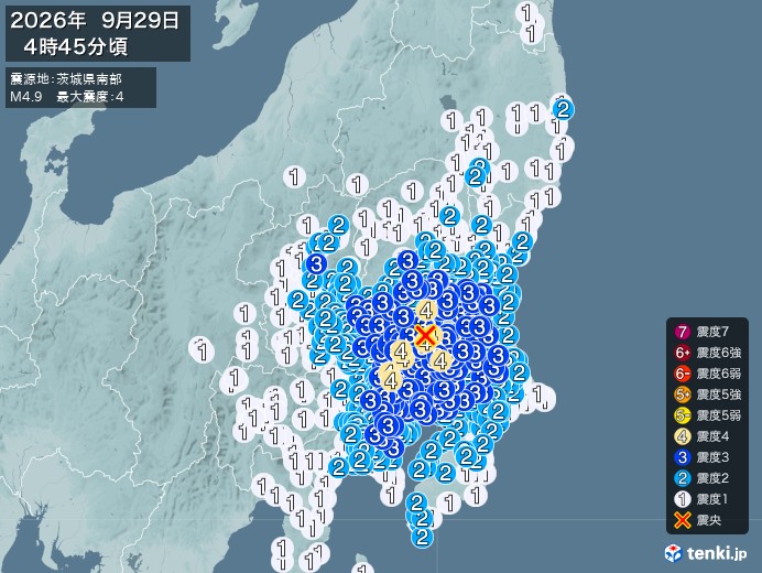 4時45分ごろ、Ｍ４．９　茨城県南部 北緯36.1度　東経139
