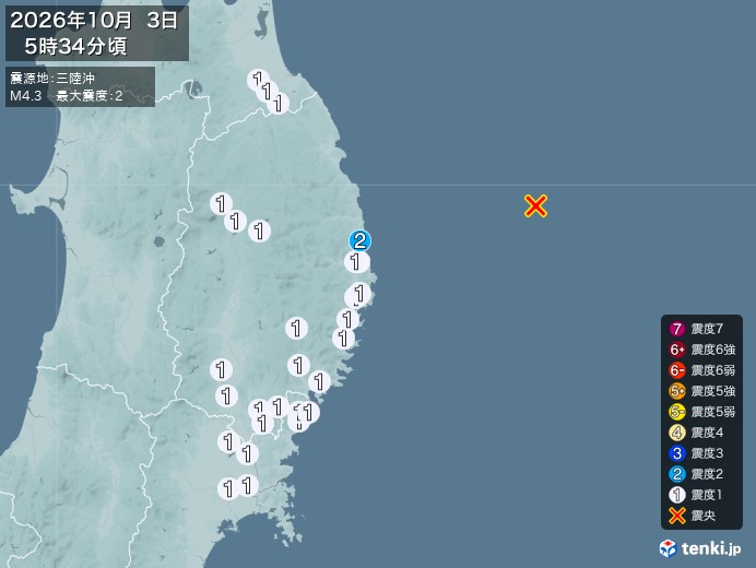 5時34分ごろ、Ｍ４．３　三陸沖 北緯39.9度　東経143.1