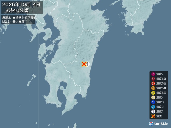 3時40分ごろ、Ｍ２．８　宮崎県北部平野部 北緯32.1度　東経