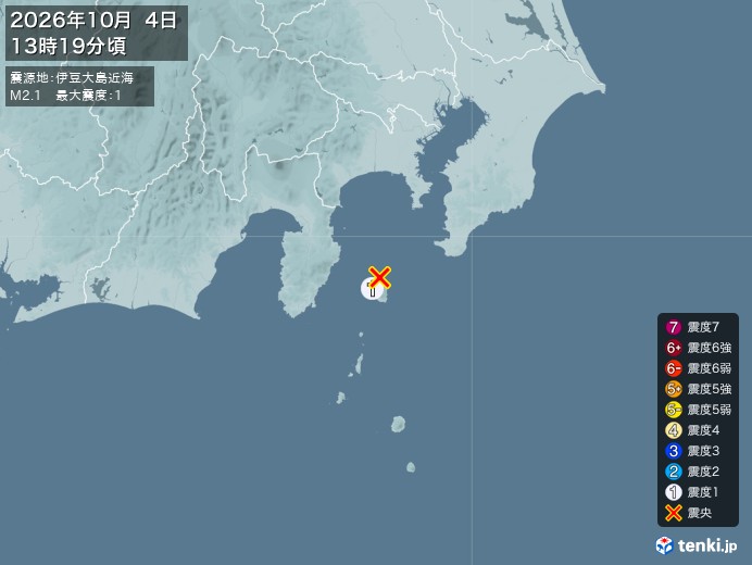 13時19分ごろ、Ｍ２．１　伊豆大島近海 北緯34.8度　東経1