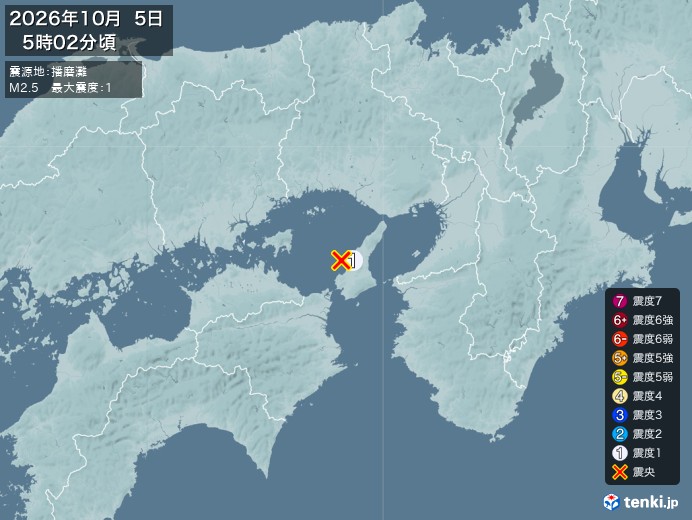 5時2分ごろ、Ｍ２．５　播磨灘 北緯34.4度　東経134.7度