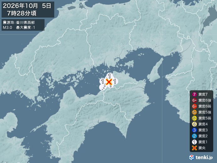 7時28分ごろ、Ｍ３．０　香川県西部 北緯34.2度　東経133