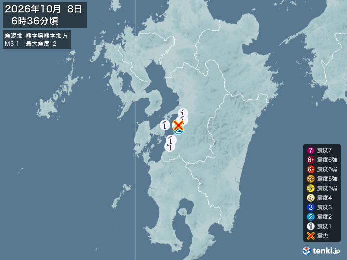 6時36分ごろ、Ｍ３．１　熊本県熊本地方 北緯32.5度　東経1