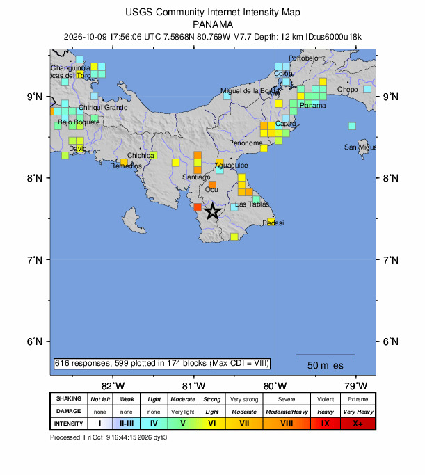 ＵＳＧＳ、2時56分6秒　Ｍ７．６→Ｍ７．７　中米パナマ 北緯7
