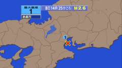 14時25分ごろ、Ｍ２．６　伊勢湾 北緯34.8度　東経136.