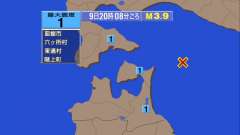 20時8分ごろ、Ｍ３．９　青森県東方沖 北緯41.5度　東経14