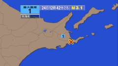 12時42分ごろ、Ｍ３．１　北海道釧路地方中南部 北緯43.2度