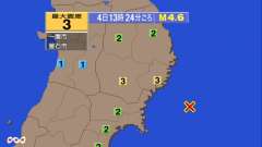13時24分ごろ、Ｍ４．６　宮城県沖 北緯38.7度　東経142