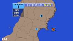 19時59分ごろ、Ｍ３．９　宮城県沖 北緯38.3度　東経141