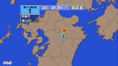 4時28分ごろ、Ｍ２．６　大分県西部 北緯33.1度　東経131