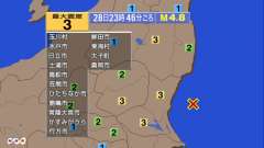 23時46分ごろ、Ｍ４．８　茨城県沖 北緯36.4度　東経141