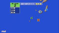 14時31分ごろ、Ｍ４．８　奄美大島北東沖 北緯29.7度　東経