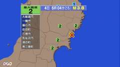 6時4分ごろ、Ｍ３．８　宮城県沖 北緯38.8度　東経141.6