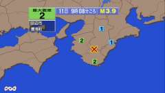 9時8分ごろ、Ｍ３．９　和歌山県南部 北緯33.9度　東経135