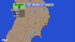 8時38分ごろ、Ｍ３．７　岩手県沿岸南部 北緯39.1度　東経1