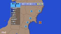 17時30分ごろ、Ｍ３．９　宮城県沖 北緯38.3度　東経141