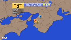 21時28分ごろ、Ｍ３．９　和歌山県北部 北緯34.2度　東経1