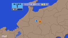 11時20分ごろ、Ｍ２．１　岐阜県飛騨地方 北緯36.1度　東経