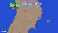 23時59分ごろ、Ｍ４．４　宮城県沖 北緯38.9度　東経142