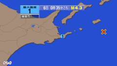 0時35分ごろ、Ｍ４．３　北海道東方沖 北緯43.4度　東経14
