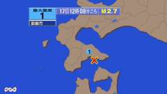 12時8分ごろ、Ｍ２．７　津軽海峡 北緯41.7度　東経140.