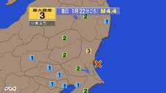 1時22分ごろ、Ｍ４．４　茨城県沖 北緯36.2度　東経140.