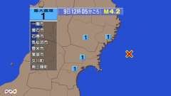 12時5分ごろ、Ｍ４．２　宮城県沖 北緯38.7度　東経142.