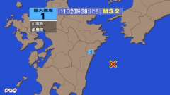 20時38分ごろ、Ｍ３．２　日向灘 北緯32.2度　東経132.