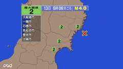 6時6分ごろ、Ｍ４．０　宮城県沖 北緯38.9度　東経142.0