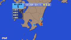 20時10分ごろ、Ｍ３．２　大隅半島東方沖 北緯31.4度　東経