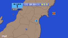 8時39分ごろ、Ｍ３．５　宮城県沖 北緯38.5度　東経141.