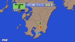 18時11分ごろ、Ｍ２．５　宮崎県南部山沿い 北緯31.7度　東