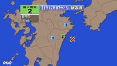 12時7分ごろ、Ｍ３．８　日向灘 北緯32.4度　東経132.0