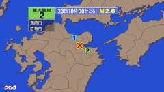 10時00分ごろ、Ｍ２．６　大分県中部 北緯33.3度　東経13