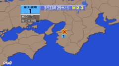 23時29分ごろ、Ｍ２．３　和歌山県北部 北緯34.3度　東経1