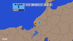 6時53分ごろ、Ｍ２．４　福井県嶺北 北緯35.9度　東経136