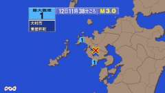 11時38分ごろ、Ｍ３．０　長崎県北部 北緯33.0度　東経12