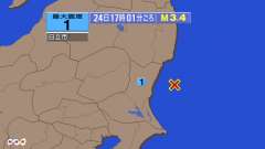 17時1分ごろ、Ｍ３．４　茨城県沖 北緯36.5度　東経141.