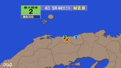 5時44分ごろ、Ｍ２．８　鳥取県中部 北緯35.4度　東経133
