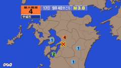 9時40分ごろ、Ｍ３．８　熊本県熊本地方 北緯32.6度　東経1