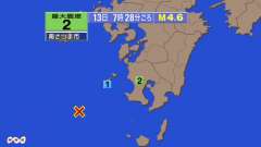 7時28分ごろ、Ｍ４．６　薩摩半島西方沖 北緯31.0度　東経1
