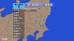 0時55分ごろ、Ｍ３．２　茨城県南部 北緯36.2度　東経140