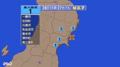 11時27分ごろ、Ｍ３．７　宮城県沖 北緯38.7度　東経141