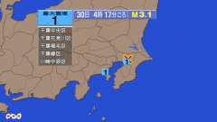 4時17分ごろ、Ｍ３．１　千葉県北西部 北緯35.7度　東経14