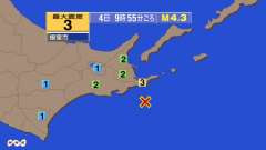 9時55分ごろ、Ｍ４．３　釧路沖 北緯42.8度　東経145.5