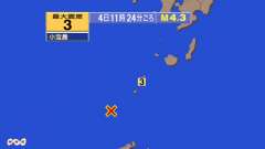 11時3分ごろ、Ｍ３．０　トカラ列島近海 北緯29.2度　東経1